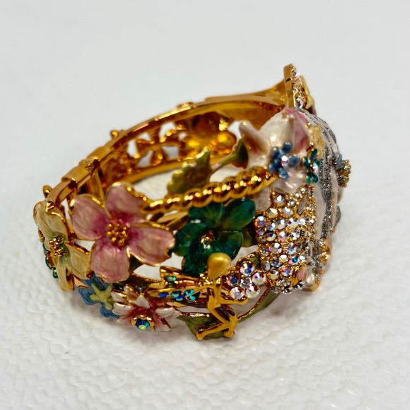 Kirks & Folly Gold Tone Enamel Horse Fairy Floral Crystal Hinge Bangle Bracelet - Picture 2 of 9